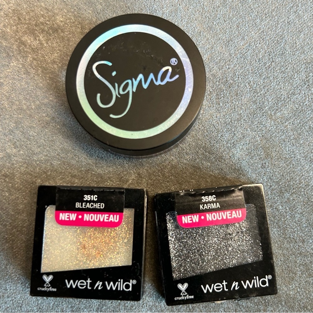 Wet N Wild bleached & Karma glitter eyeshadow Sigma Lush Loose Shimmer shadow